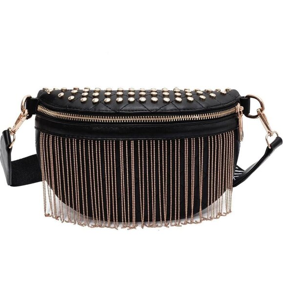 💫 Glt.etl Faux leather Fringe Women Black Quilted Rivet Studded Waist Pack - Picture 1 of 7